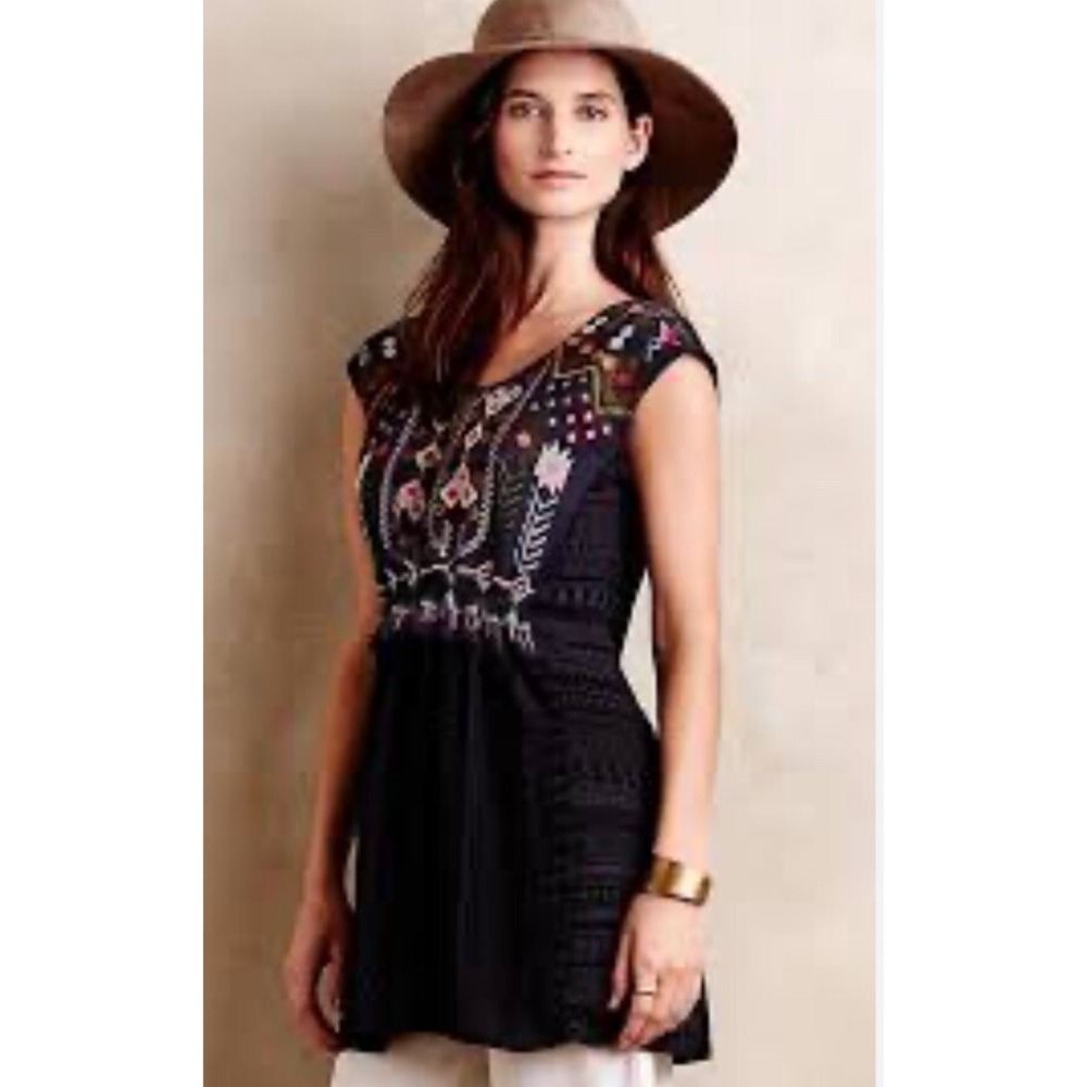 One September Anthropologie Barranco Embroidered Tunic Dress Blue M